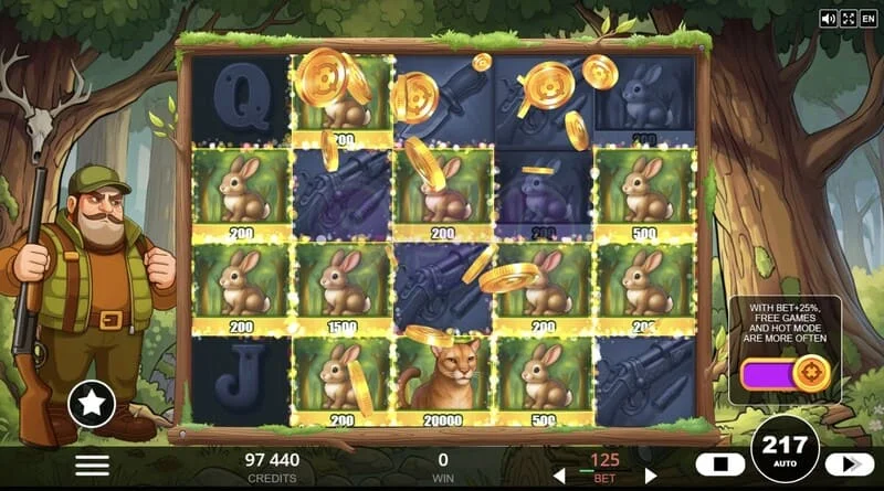 Hunt the Bucks - símbolos especiales Hunter-Wild, Scatter y Animal Credit en la cuadrícula